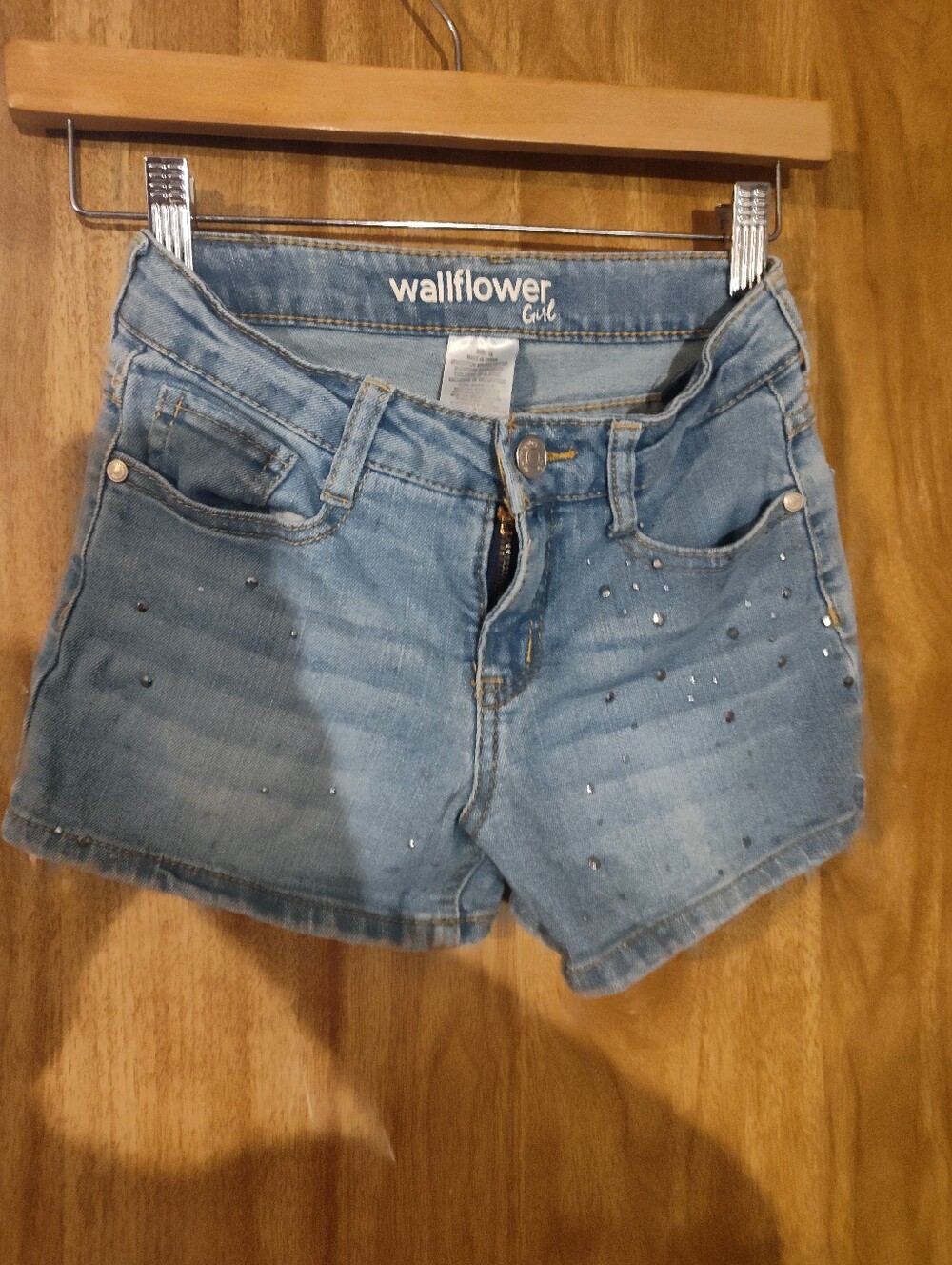 Wallflower Light Wash Denim Jean Shorts with Stud Accents